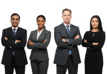 Business management team as a group of diverse executive people standing with crossed arms isolated on White background