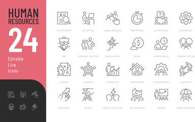 Human Resources Line Editable Icons set. Vector illustration in modern thin line style of employee recruitment related icons: resume, job interview, hiring, and more. Isolated on transparentbackground