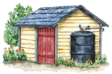 Obraz premium A small wooden shed with a red door and a black water tank beside it, surrounded by colorful flowers and greenery.