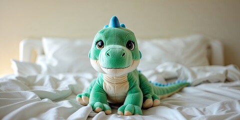 Plush Dinosaur placed charmingly on bed with generous copy space for text.