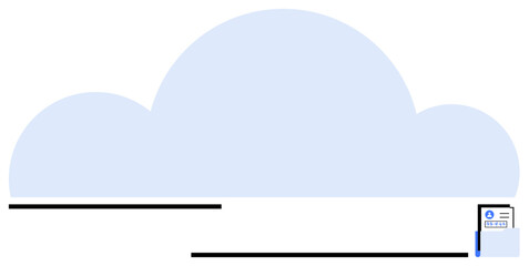 Large light blue cloud dominates the design with a small uploading document icon. Ideal for technology, data security, digital services, cloud computing, remote storage, backup system, flat simple