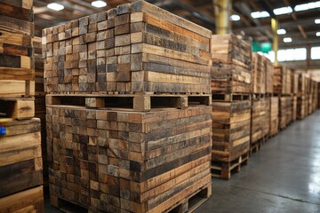 Crates of Finished Wood Products Lined up for Delivery in a Warehouse Setting