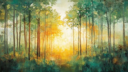 Fototapeta premium Sunlit Forest Path: Golden Rays and Green Canopy
