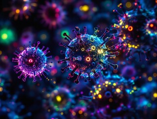 A vivid, abstract representation of a coronavirus, illuminated in a myriad of colors including blues, purples, and yellows. The background is a deep, dark hue, which accentuates the luminosity of the 