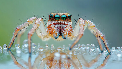 Fototapeta premium Closeup of a colorful spider with intricate eyes and dew drops on glass surface 
