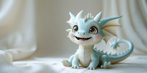 Cute animated dragon character sitting on a light background with a cheerful expression