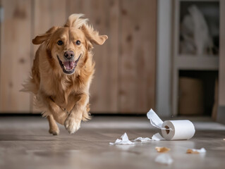 A dog runnin away with. A roll of paper towels unraveling behind him