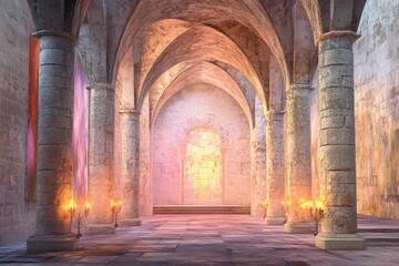 Fototapeta premium Mystical Medieval Hallway Ancient Stone Architecture with Glowing Light