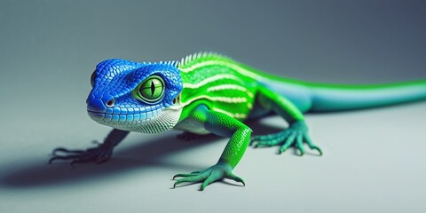 Fototapeta premium Colorful lizard with a blue head and green body.