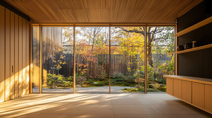 Fototapeta premium Japanese-style home interior with large windows showcasing a tranquil garden. Sunlight streams through the expansive glass walls illuminating the serene 