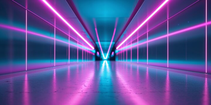 Neon laser lights converging in a futuristic corridor.