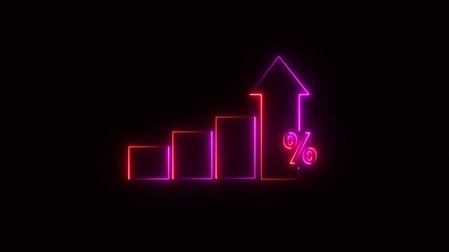 Profit high growth percent icon, stocks, financial, Interest rate and dividend concept. Glowing neon line animated graph and chart with percentage icon solaced on transparent background.