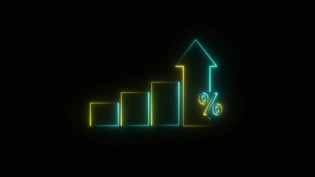 Profit high growth percent icon, stocks, financial, Interest rate and dividend concept. Glowing neon line animated graph and chart with percentage icon solaced on transparent background.