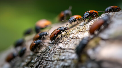 Diverse Insect Population on Tree Trunk Close-Up