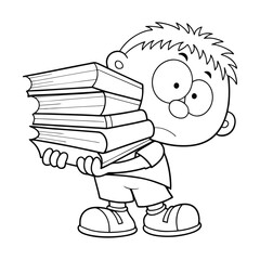 Cartoon Boy Carrying Oversized Books – Black and White Line Drawing