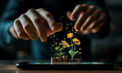Hands growing flowers from coins on a phone screen