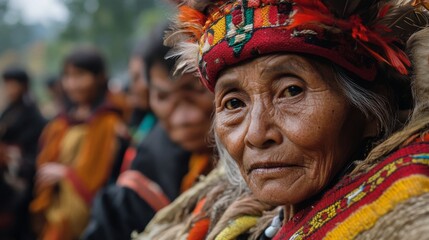 Fototapeta premium Elderly Woman in Traditional Clothing Portrait in Tribal Community with Vibrant Colors and Expressions