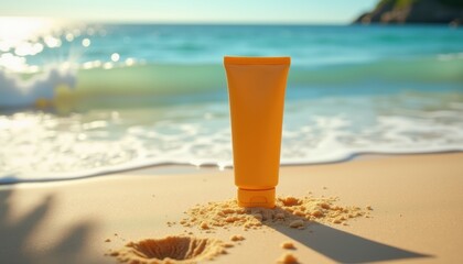 Photorealistic sunscreen bottle on golden sand with soft ocean waves and warm sunlight casting natural shadows, tropical summer vibe