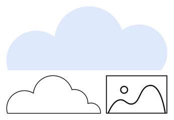 Blue cloud above outlined cloud and framed landscape image placeholder. Ideal for technology, storage, innovation, creativity, data management, cloud computing, digital concepts. Flat simple metaphor