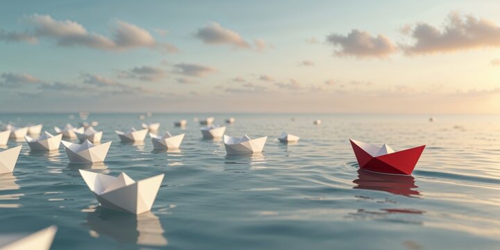 White paper boats float on a calm ocean at sunrise while a red paper boat changes direction to seek new opportunities.