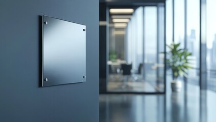 A stainless steel wall sign mockup in an office setting, with visible fast animations and a blank space for text or graphics. 
