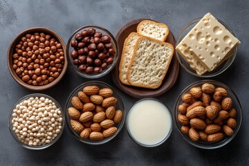 Visual Representation of Common Allergens Including Nuts, Dairy, and Gluten in Various Bowls on a Neutral Surface