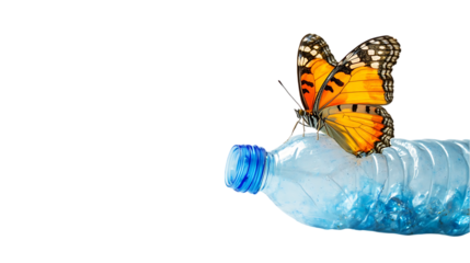 A bright orange butterfly rests on a crushed, discarded plastic bottle, highlighting the environmental impact of plastic waste.