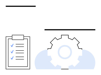 Clipboard with checklist and gear over cloud suggest project management, workflow improvement, automation, and productivity. Ideal for teamwork, efficiency, planning, data integration, flat simple