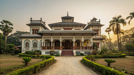Fototapeta premium Luxurious Estate Home with Elegant Porch at Dusk