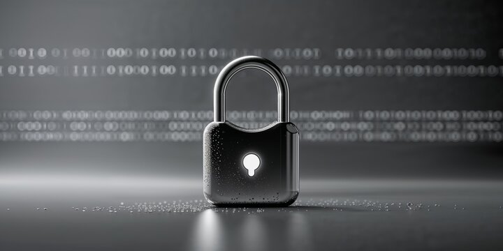 Digital lock graphic on binary code background.