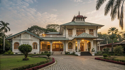 Obraz premium Luxurious Estate Home with Elegant Porch at Dusk