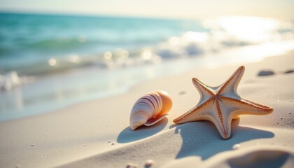 Seashells and starfish on fine sand in soft pastel sunlight