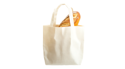 A front view shows a white tote bag filled with a freshly baked baguette.