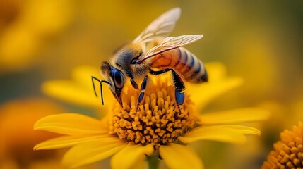 close up of bee on the flower, bee on flower in the nature