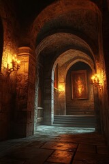Naklejka premium Mysterious Medieval Stone Corridor with Candelabra and Painting