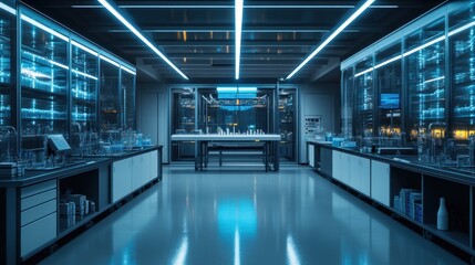 Futuristic lab interior, illuminated by blue light, scientists working, cityscape visible in background