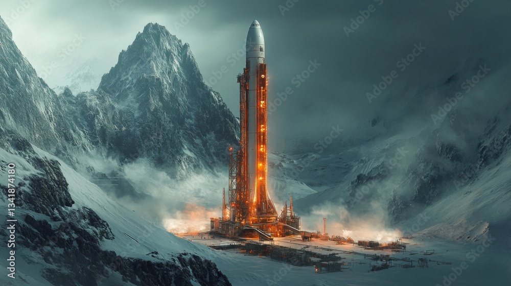 Aufkleber a rocket stands poised for launch in a rugged mountain terrain, illuminated by vibrant lights as it 