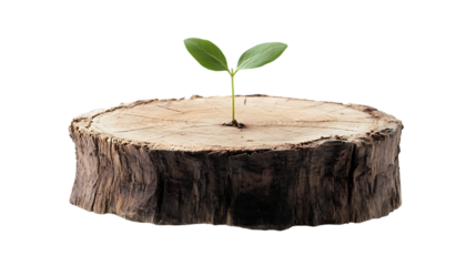 A young sprout grows from the middle of a tree stump against a black background, symbolizing renewal.