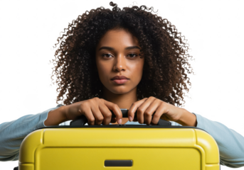 Close-up shot of woman holding yellow suitcase with both hands isolated on White background