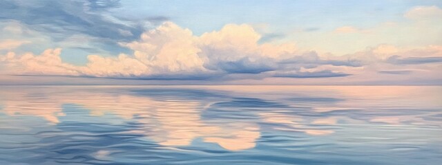 Obraz premium Clouds drift gracefully across the pastel sky while reflections shimmer on the calm water during sunset