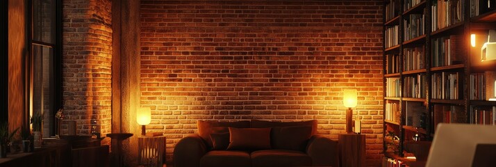 Cozy Living Room with Exposed Brick Wall and Bookshelves at Night