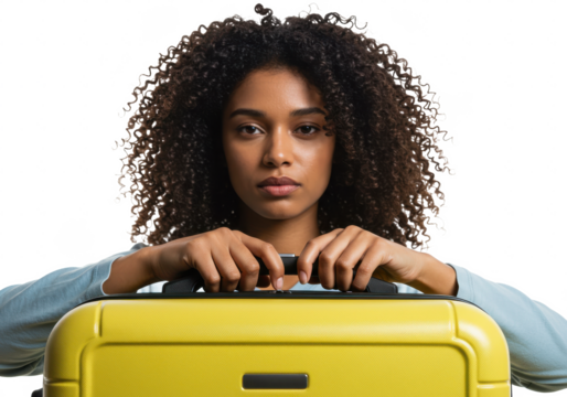 Close-up shot of woman holding yellow suitcase with both hands isolated on White background