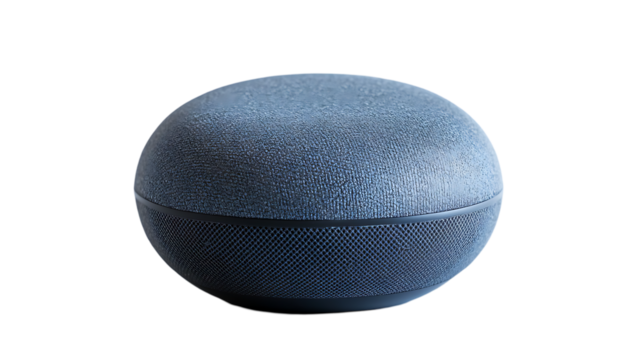 The image shows a round blue smart speaker with a fabric top and mesh bottom against a black backdrop.