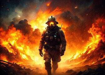 Naklejka premium Dramatic Firefighter Silhouette Double Exposure - Anamorphic Lens Fire Scene Photography