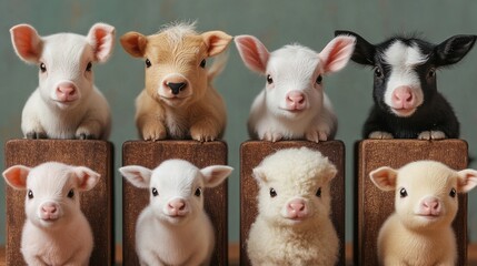 A charming display of cute baby animals, including calves and piglets, arranged together to evoke feelings of joy, innocence, and affection.