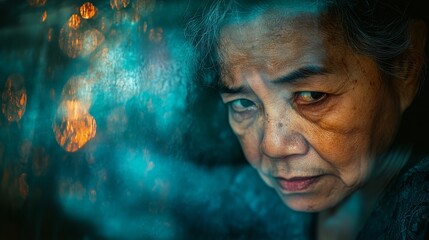 Intense Portrait of a Mature Woman with Reflective Background and Emotionally Charged Gaze