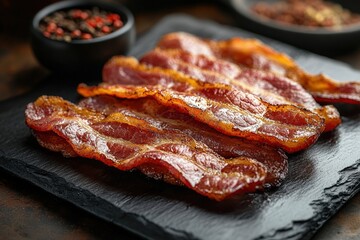 Obraz premium Crispy Bacon Strips Cooked to Perfection Topped With Herbs and Spices Ready for Serving on a Rustic Wooden Table