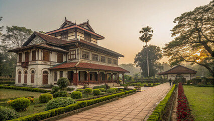 Luxurious Estate Home with Elegant Porch at Dusk