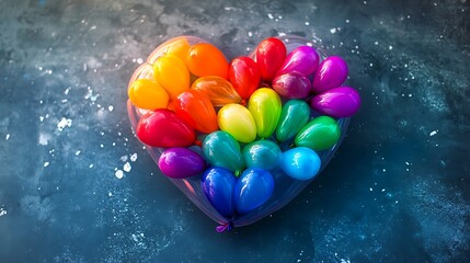 Rainbow balloons shaped heart over blue background