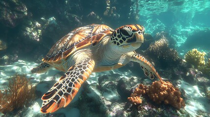 Obraz premium Exploring Underwater Life with a Majestic Sea Turtle in Coral Reef